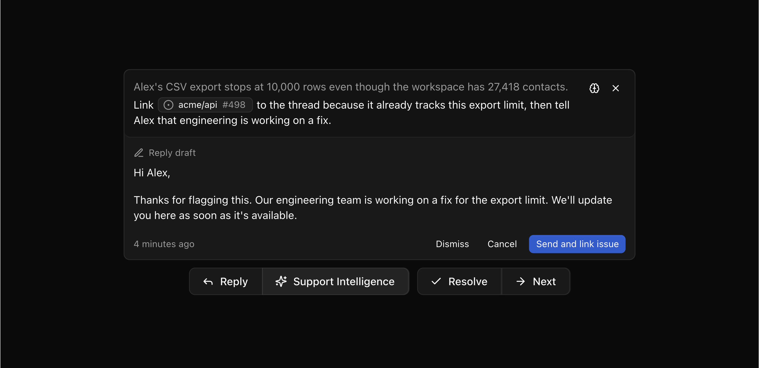 A customer thread with a suggested issue link and a linked pull request showing its current status