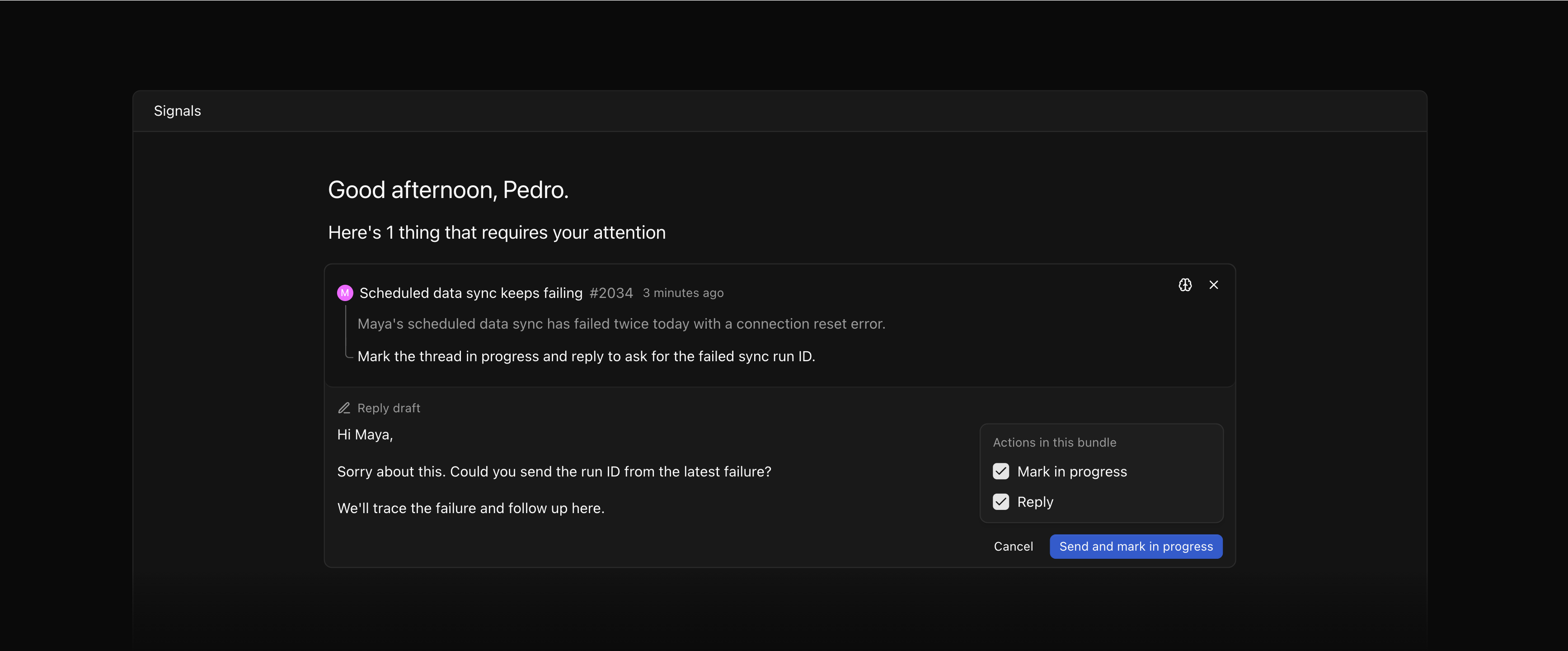 Signals with a thread read expanded to show its reply and selectable actions