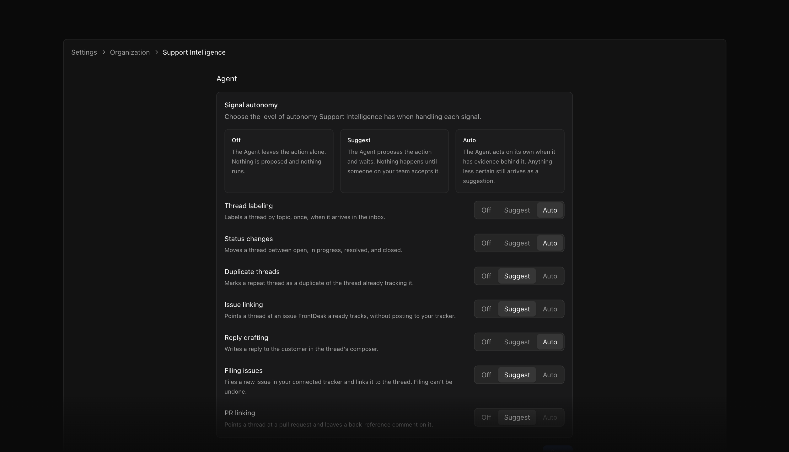 Support Intelligence settings showing a mix of Off, Suggest, and Auto, alongside a completed action in the activity log